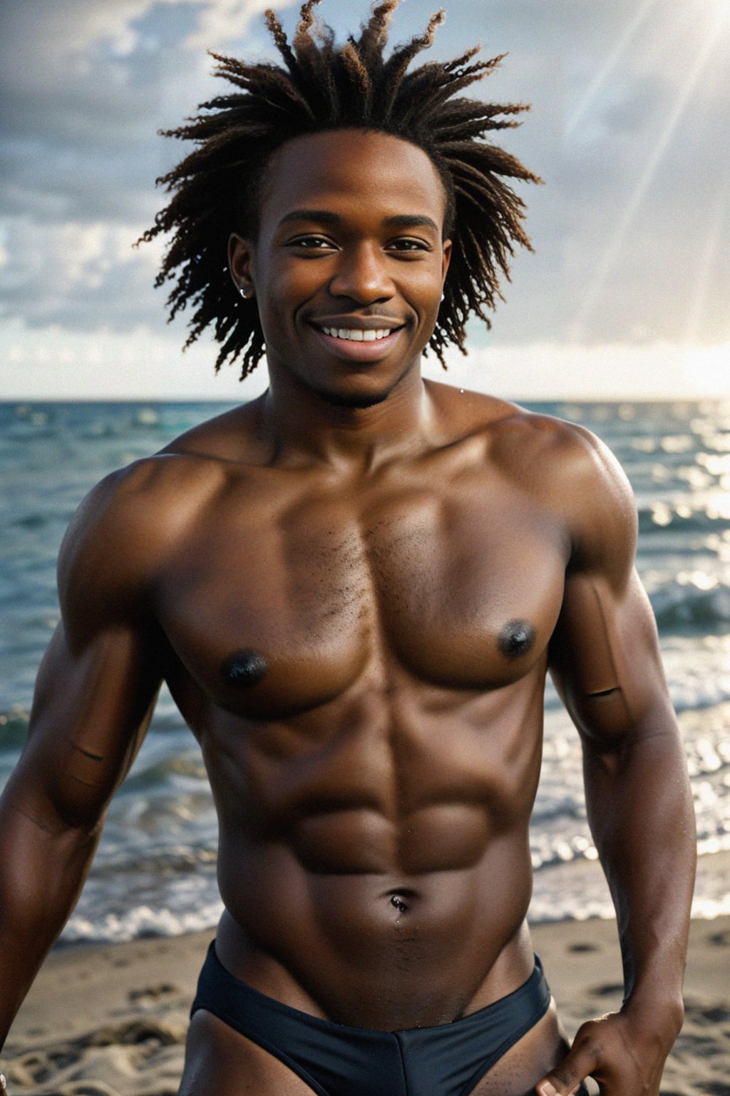 smiling masculine  man in solid color bikini on the beach, wet hair, swimsuit sports illustrated FHM maxim photos