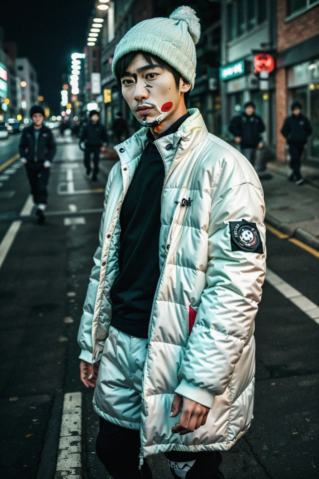man wearing gorpcore aesthetic, functional outdoor clothing, bright colored puffer jacket, moonboots, beanie, white wool socks, outerwear, posing for photo in the street