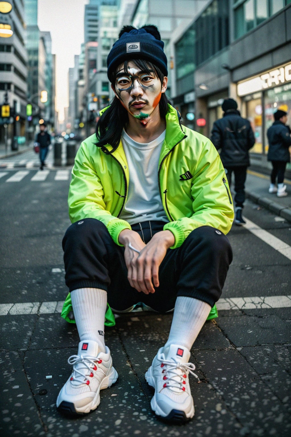 man wearing gorpcore aesthetic, functional outdoor clothing, bright colored puffer jacket, moonboots, beanie, white wool socks, outerwear, posing for photo in the street