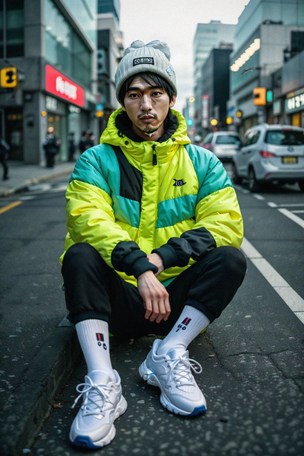 man wearing gorpcore aesthetic, functional outdoor clothing, bright colored puffer jacket, moonboots, beanie, white wool socks, outerwear, posing for photo in the street