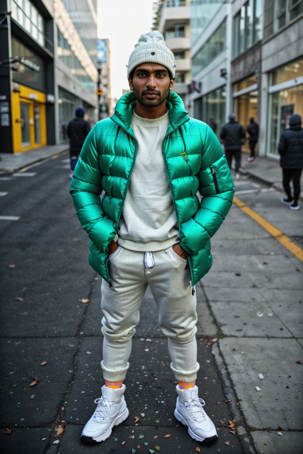 man wearing gorpcore aesthetic, functional outdoor clothing, bright colored puffer jacket, moonboots, beanie, white wool socks, outerwear, posing for photo in the street