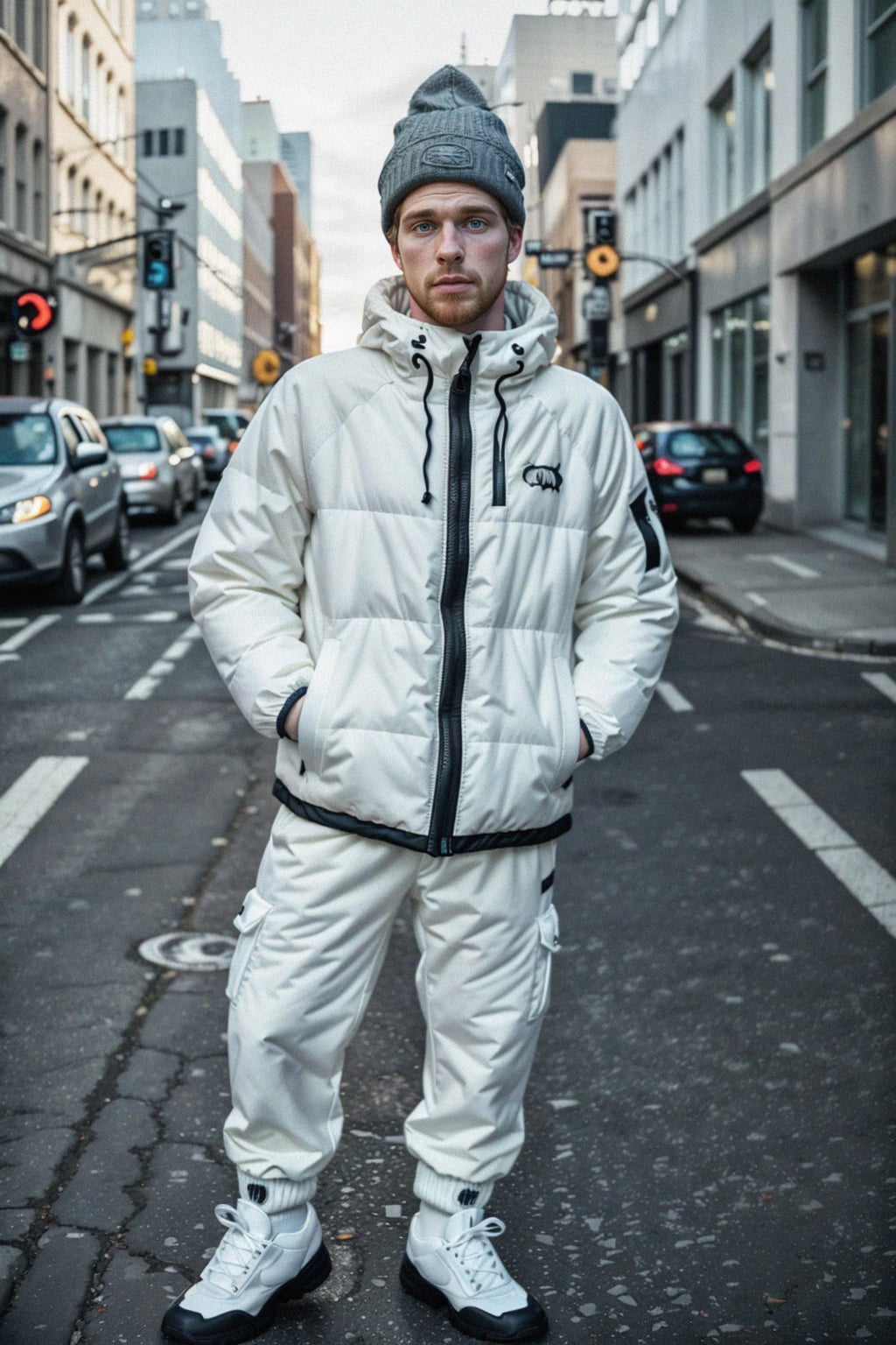 man wearing gorpcore aesthetic, functional outdoor clothing, bright colored puffer jacket, moonboots, beanie, white wool socks, outerwear, posing for photo in the street