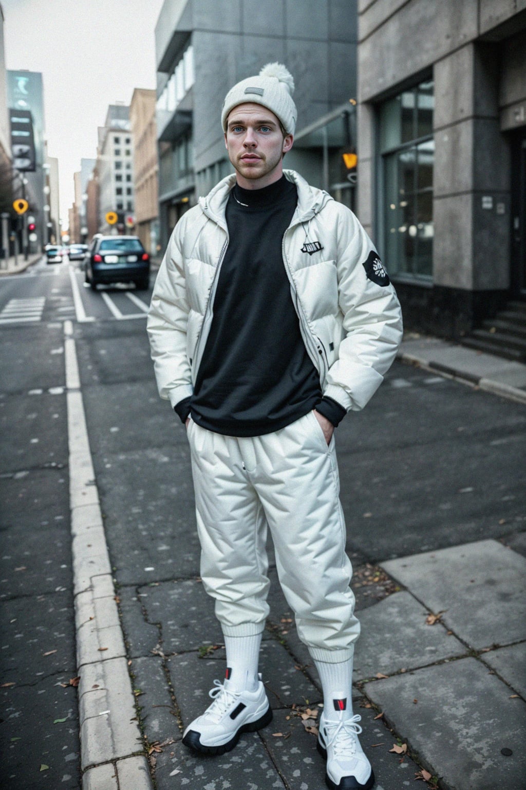 man wearing gorpcore aesthetic, functional outdoor clothing, bright colored puffer jacket, moonboots, beanie, white wool socks, outerwear, posing for photo in the street