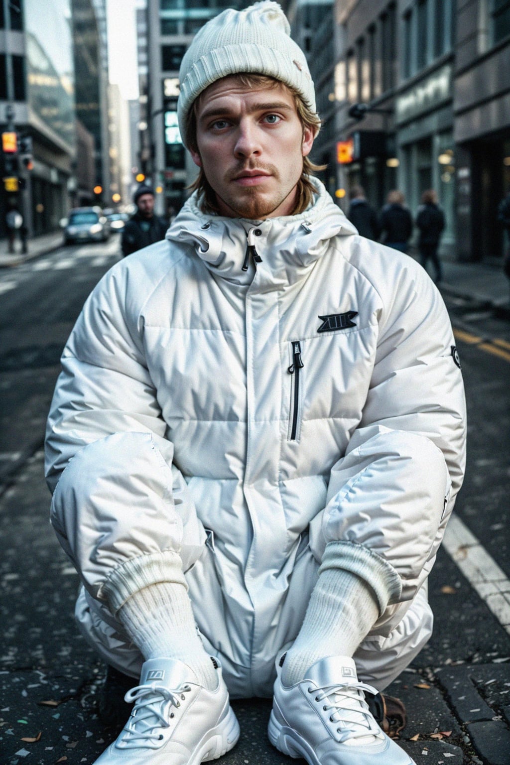 man wearing gorpcore aesthetic, functional outdoor clothing, bright colored puffer jacket, moonboots, beanie, white wool socks, outerwear, posing for photo in the street