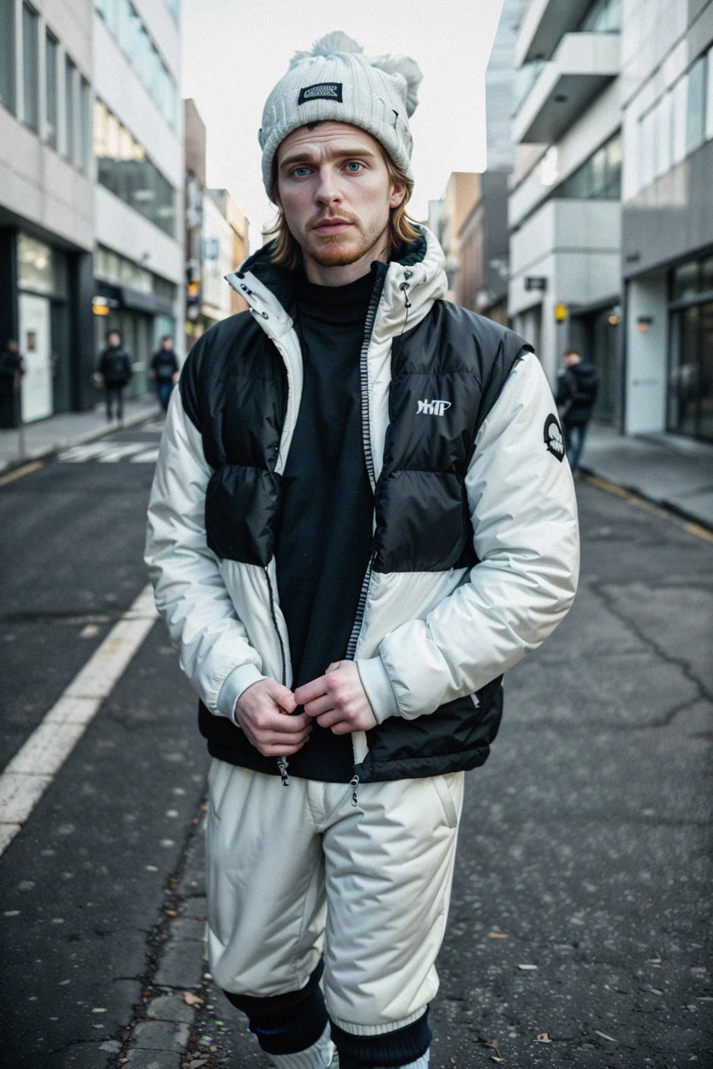 man wearing gorpcore aesthetic, functional outdoor clothing, bright colored puffer jacket, moonboots, beanie, white wool socks, outerwear, posing for photo in the street
