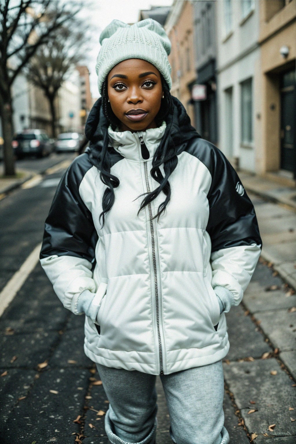 woman wearing gorpcore aesthetic, functional outdoor clothing, bright colored puffer jacket, moonboots, beanie, white wool socks, outerwear, posing for photo in the street