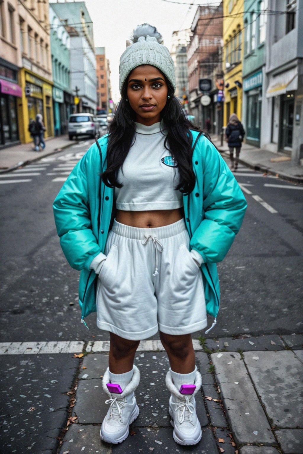 woman wearing gorpcore aesthetic, functional outdoor clothing, bright colored puffer jacket, moonboots, beanie, white wool socks, outerwear, posing for photo in the street