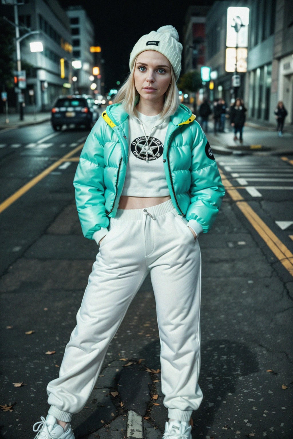 woman wearing gorpcore aesthetic, functional outdoor clothing, bright colored puffer jacket, moonboots, beanie, white wool socks, outerwear, posing for photo in the street