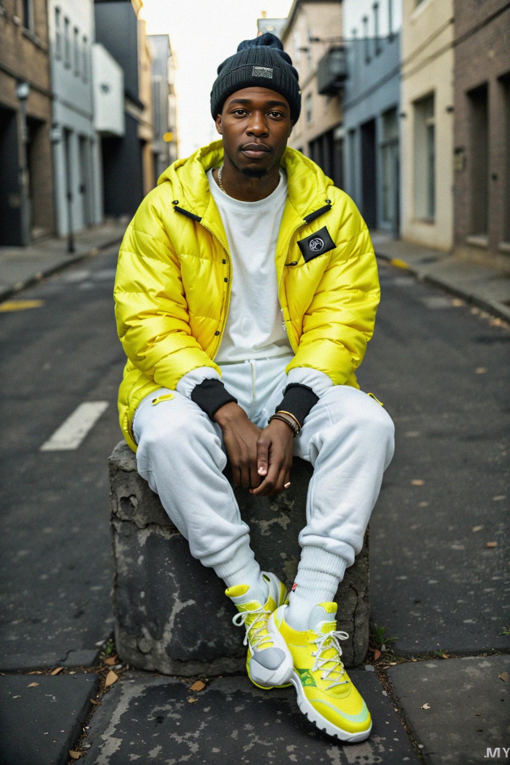 man wearing gorpcore aesthetic, functional outdoor clothing, bright colored puffer jacket, moonboots, beanie, white wool socks, outerwear, posing for photo in the street