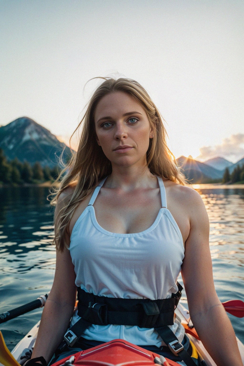 woman as explorer kayaking in a serene lake with a mesmerizing sunset backdrop