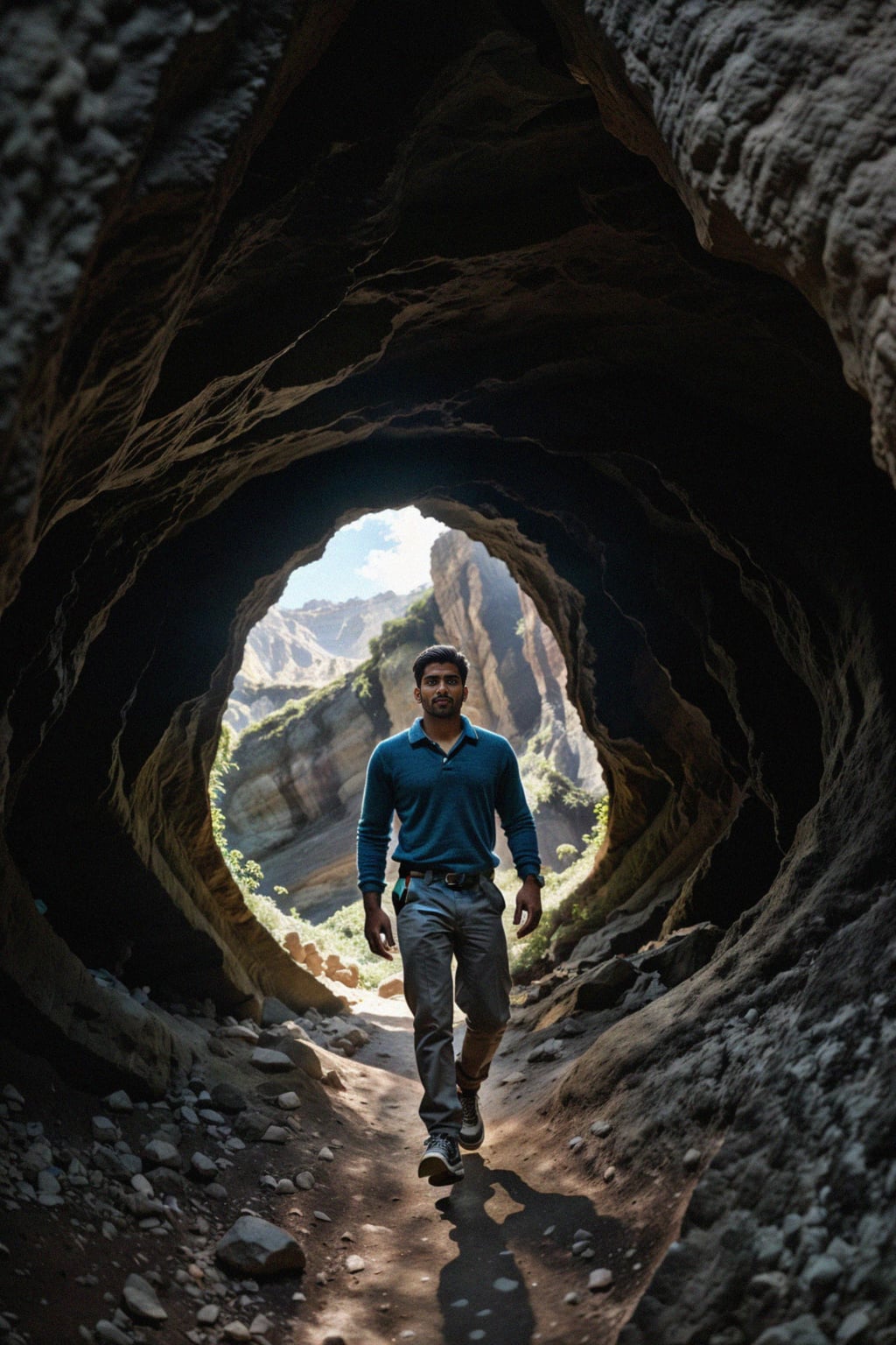 man as individual hiking through an impressive cave system