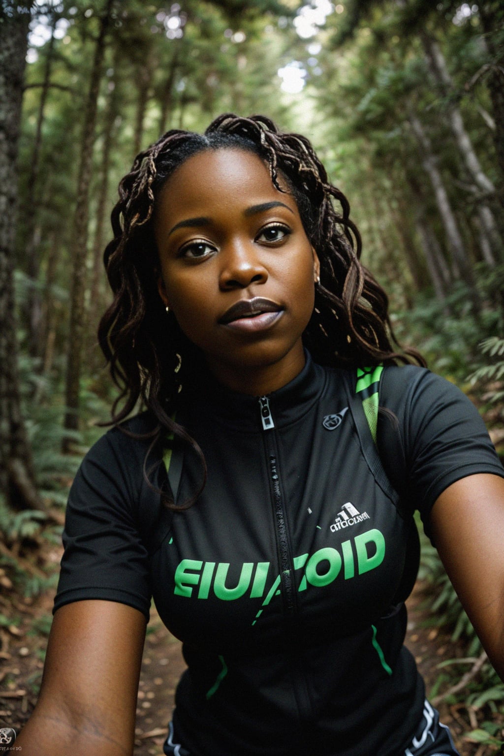 woman as individual mountain biking through a dense forest trail