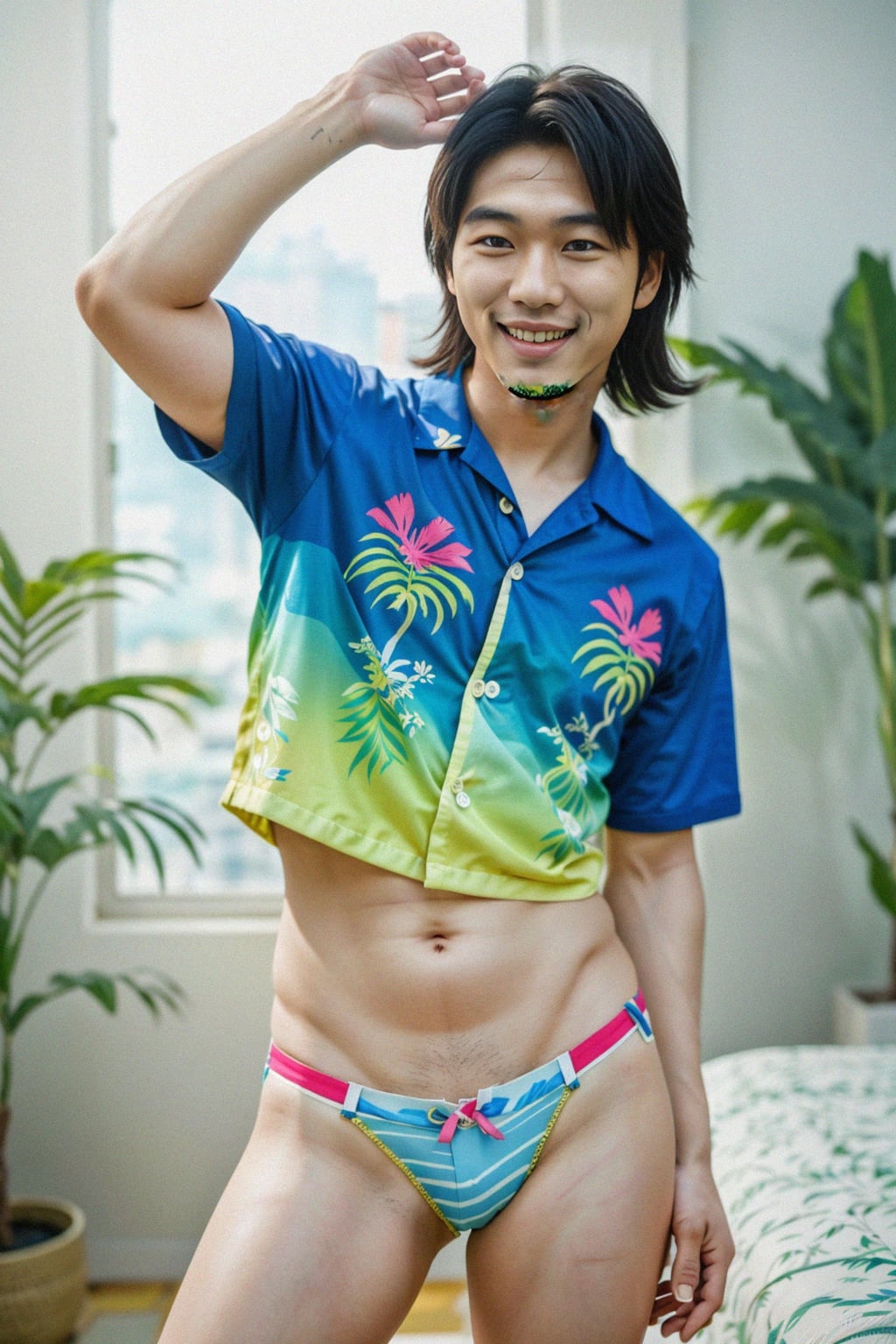 smiling man wearing  hawaii shirt in try on fashion shoot for Zara Shein H&M