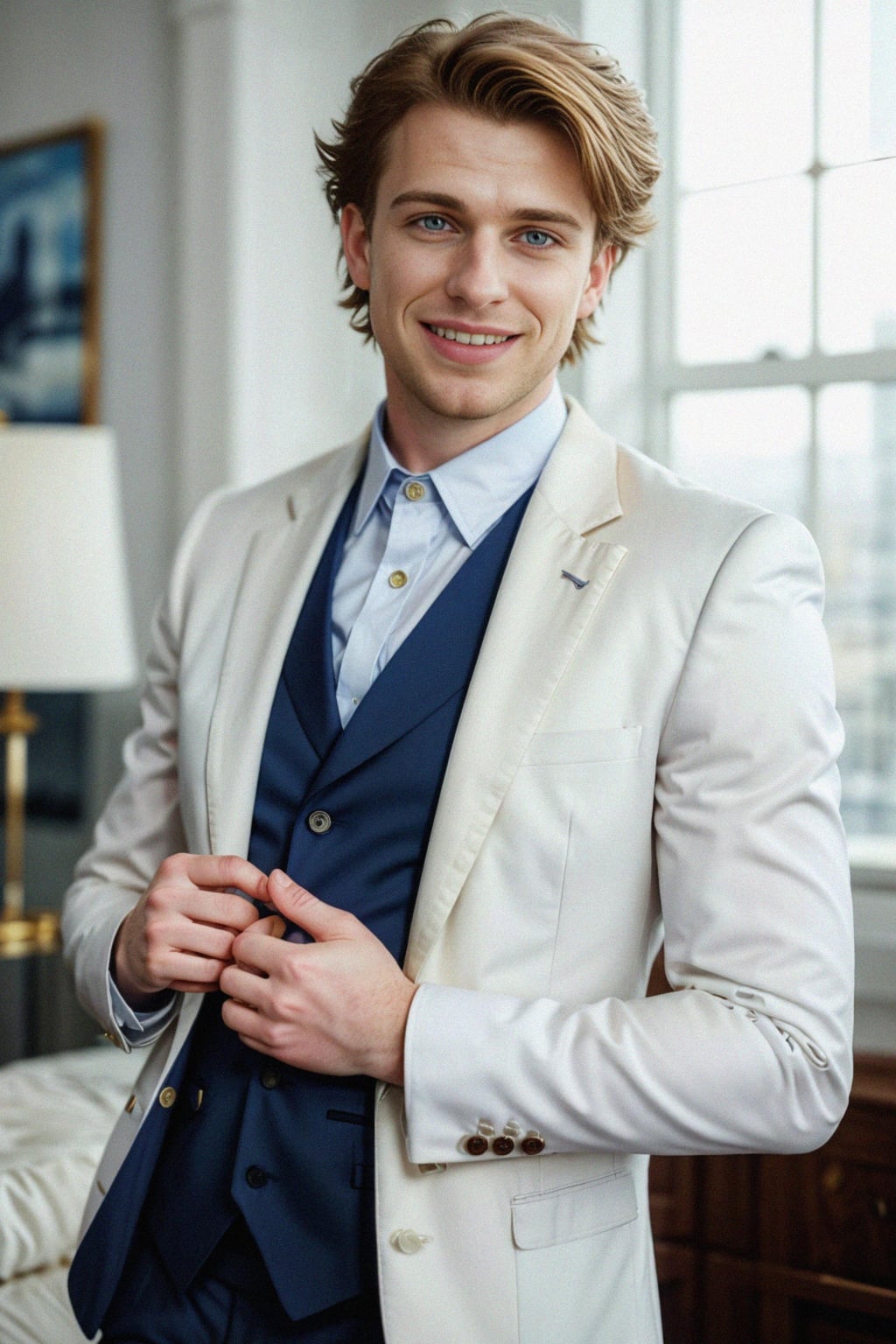 smiling man wearing  navy colored suit in try on fashion shoot for Zara Shein H&M