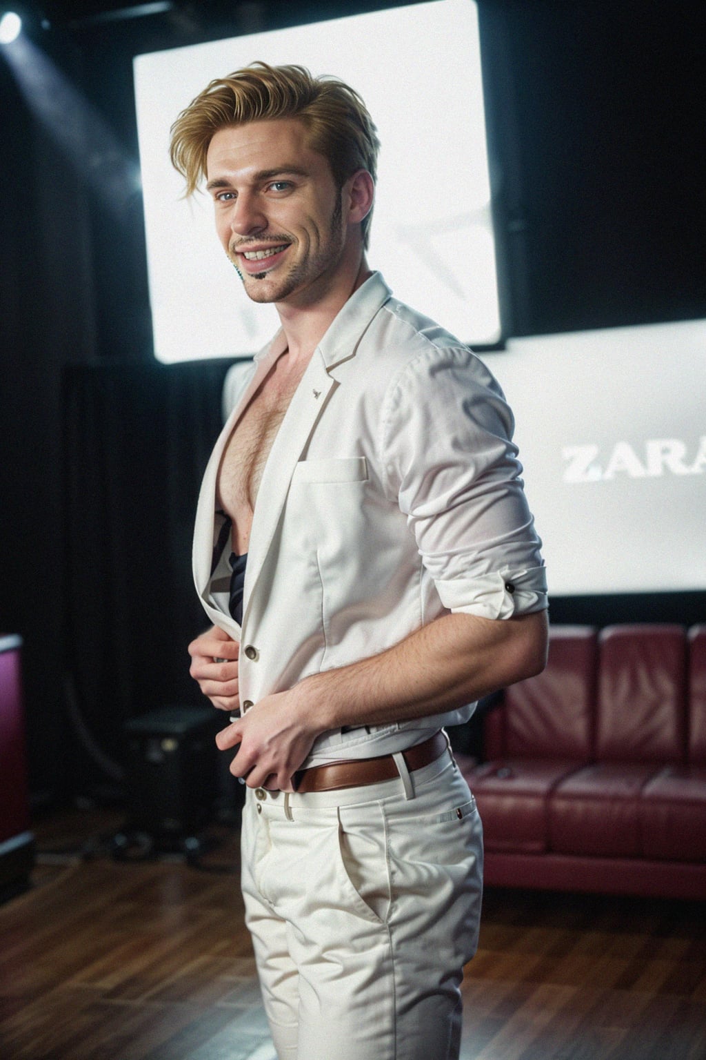 smiling man wearing  nightclub outfit in try on fashion shoot for Zara Shein H&M