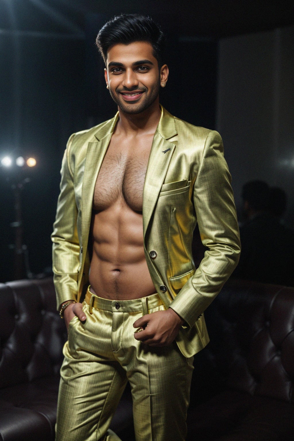 smiling man wearing  nightclub outfit in try on fashion shoot for Zara Shein H&M