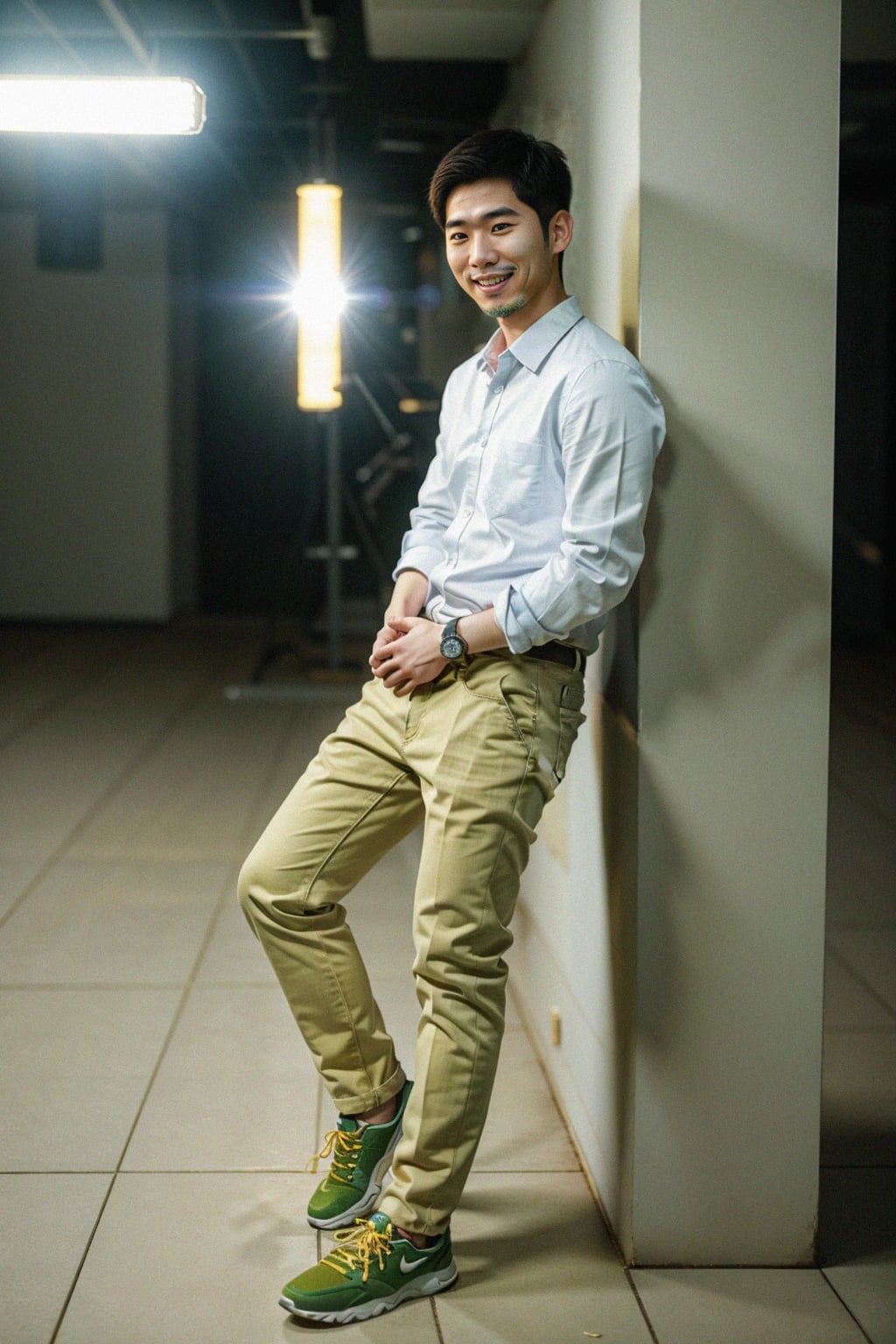 full body shot of smiling man in engagement photoshoot. engagement style. wearing casual clothes.  golden hour