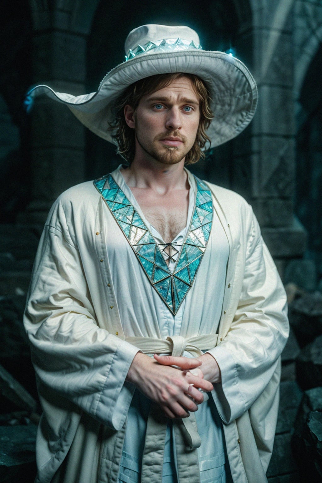 man as a Wizard with a Wizard robe and big hat, crystal magic, dramatic light