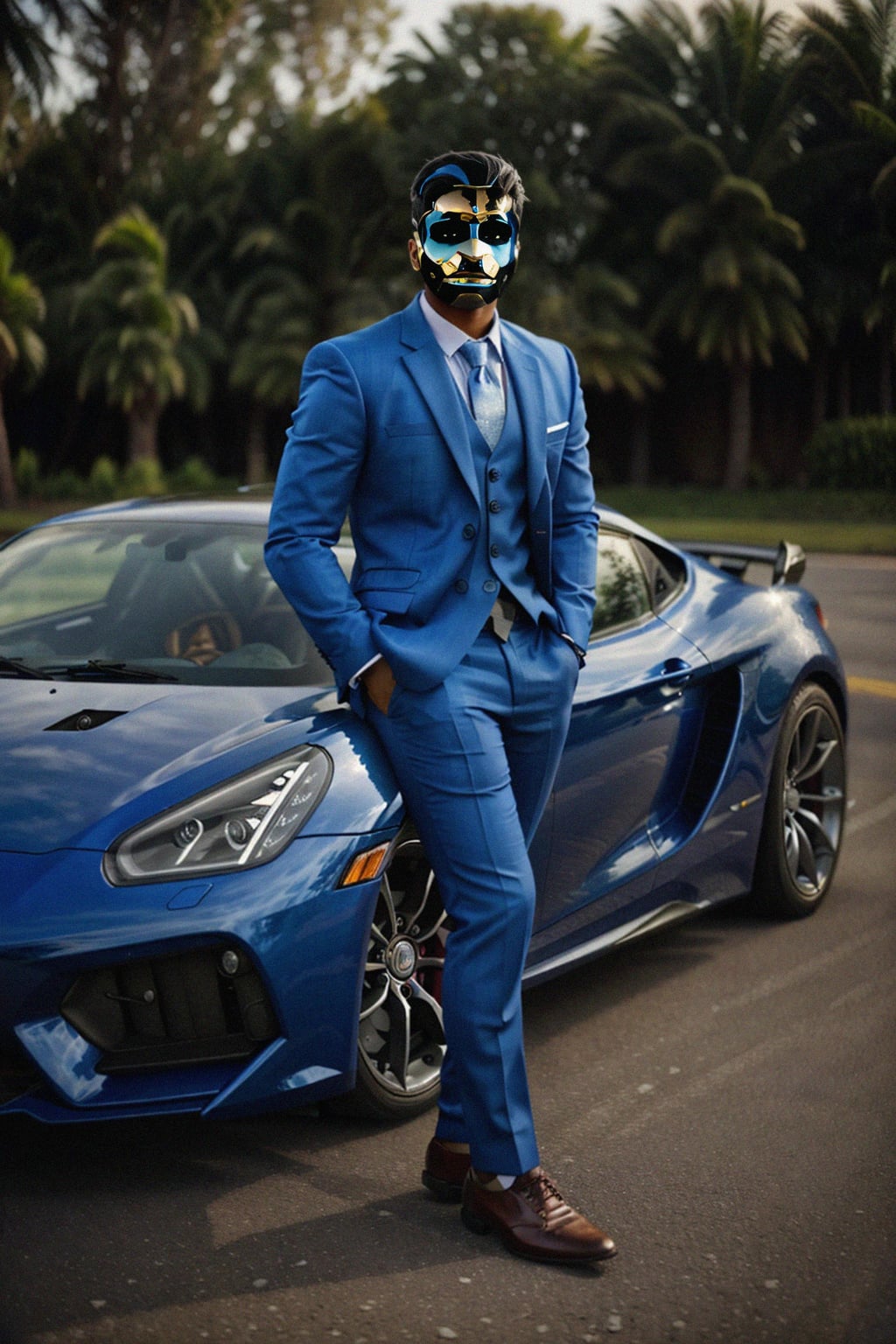man wearing suit  posing in front of a sports car