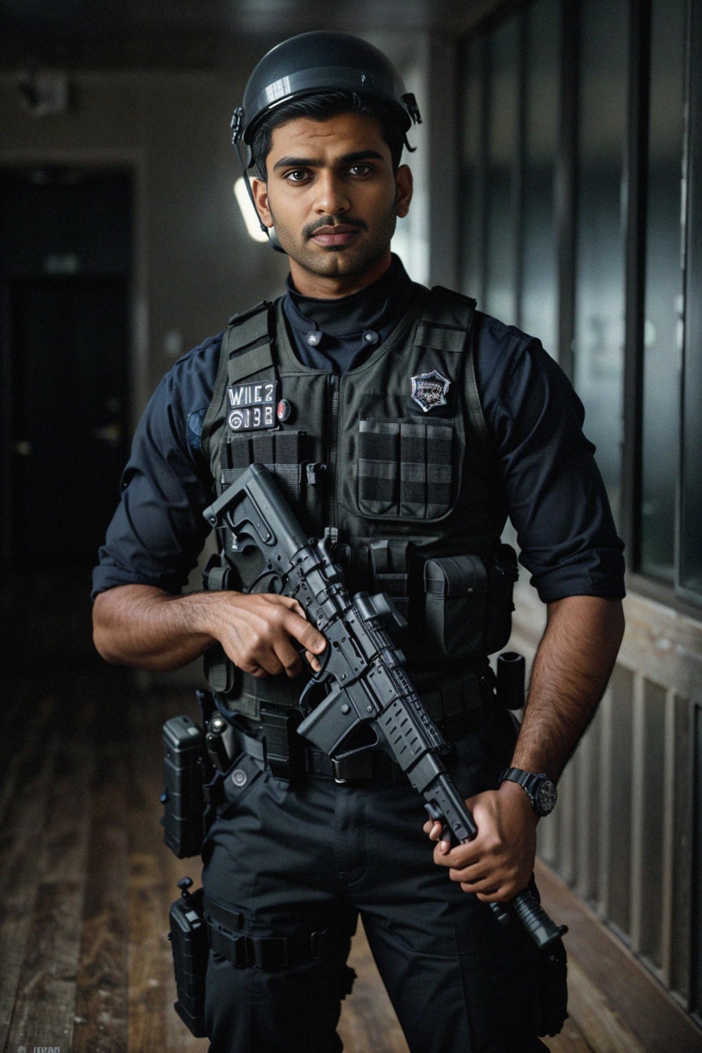 man as a SWAT Officer. wearing black swat vest, swat helmet, holding pdw