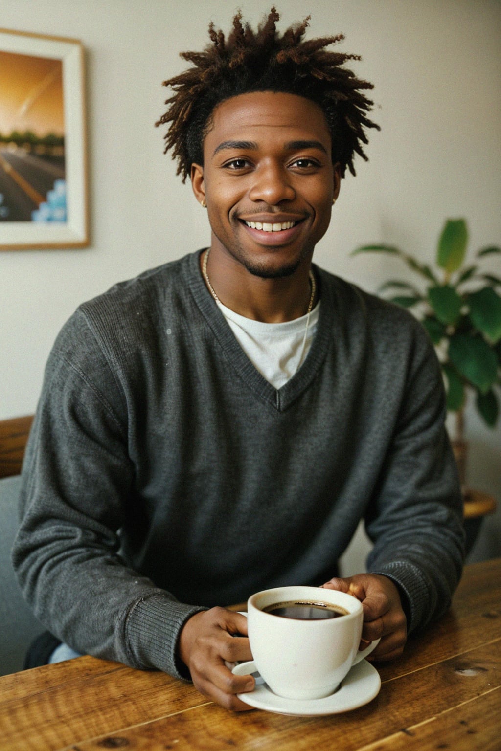 smiling  man in hipster coffee place with coffee cup on table