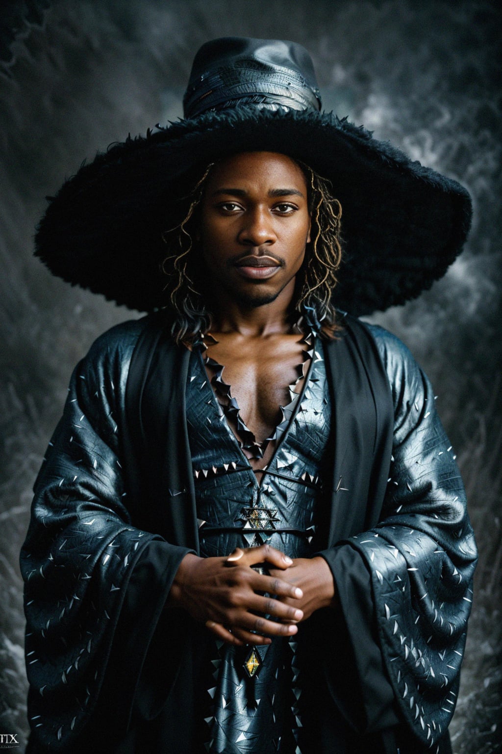 man as a Wizard with a Wizard robe and big hat, crystal magic, dramatic light