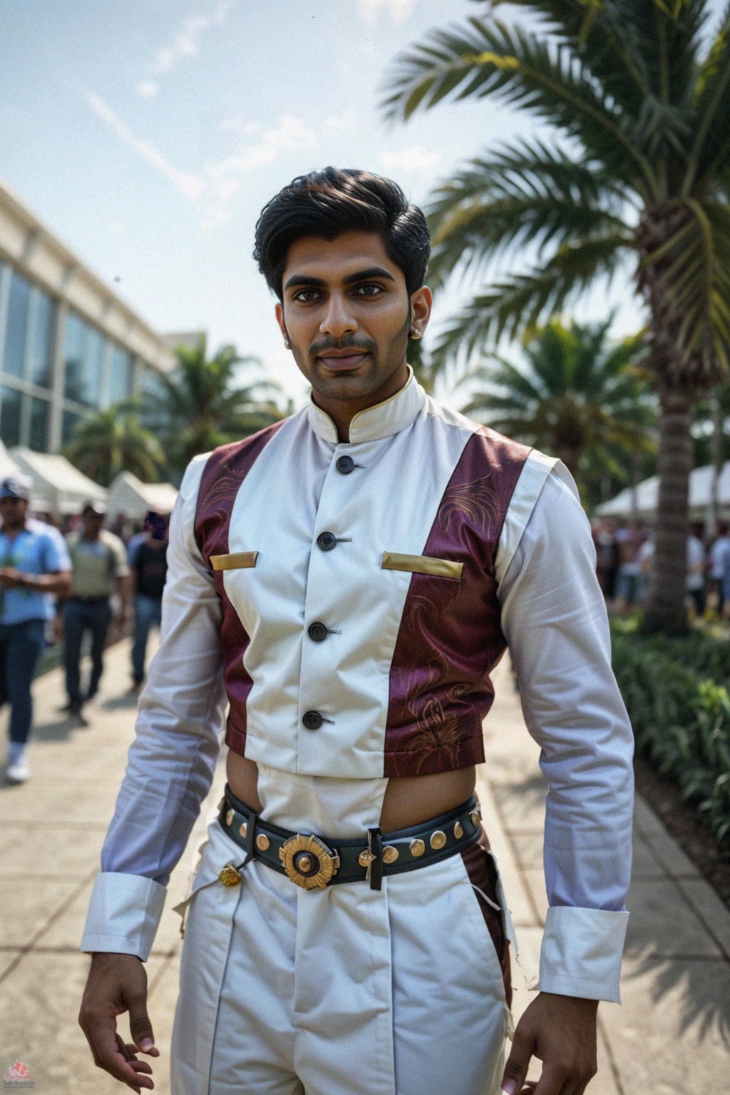 cosplayer man as cosplay convention, outdoors at expo building