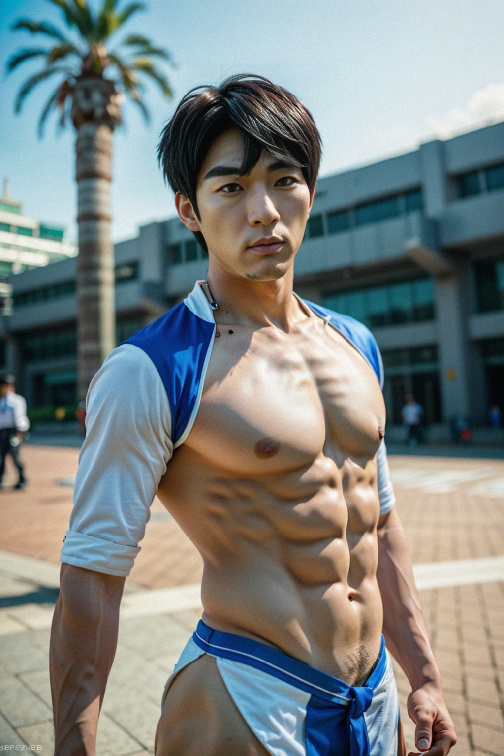 cosplayer man as cosplay convention, outdoors at expo building