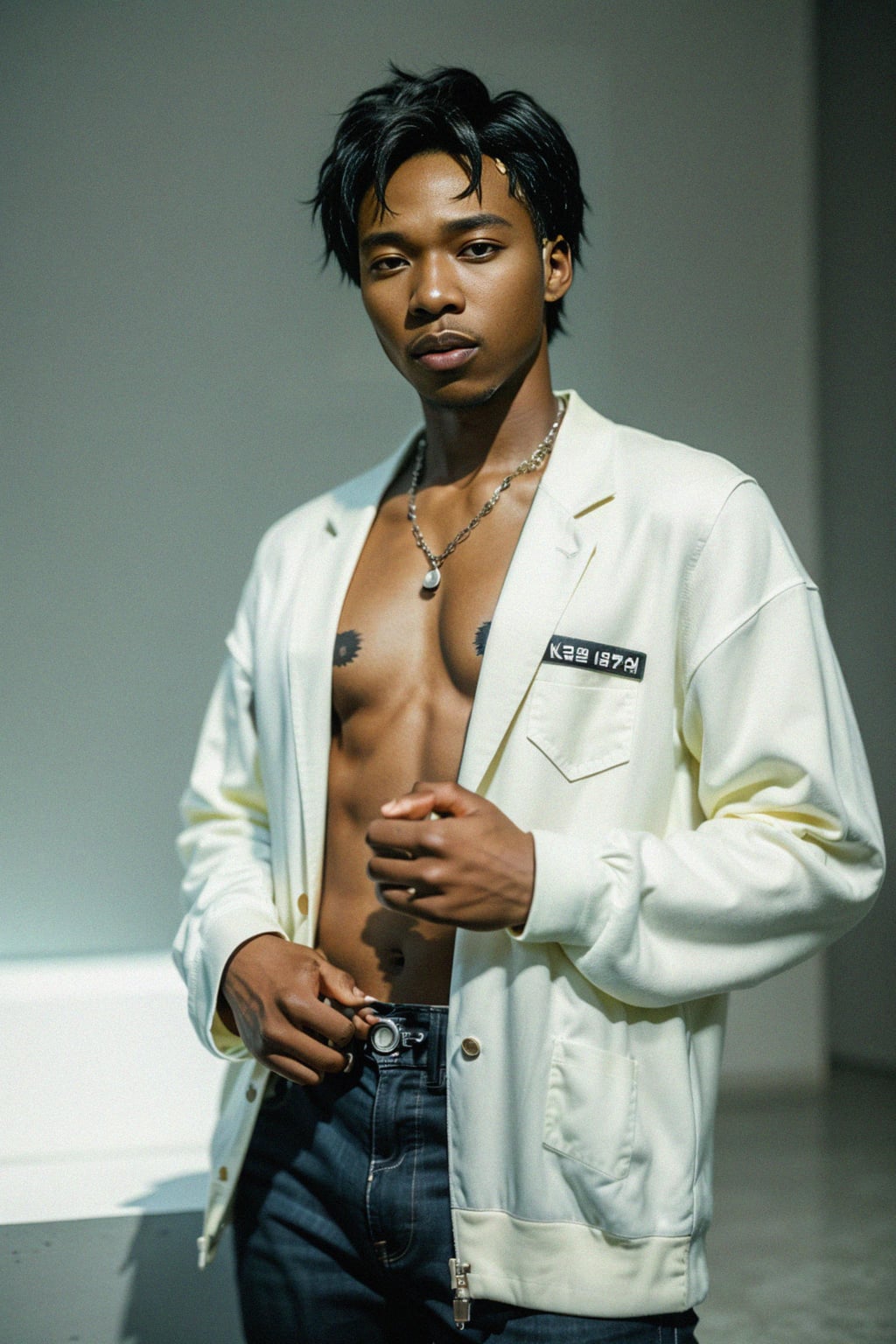 Korean man (with black hair) (as korean kpop k-pop idol) posing for photo, wearing Korean clothes, Korean fashion, Korean fashion, Korean makeup, (in front of solid background)