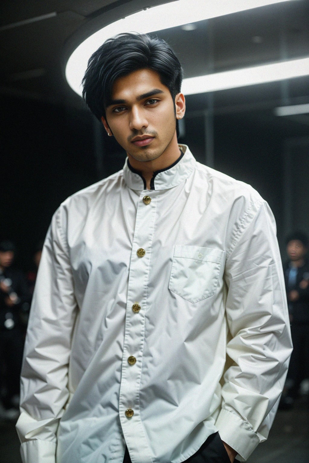 Korean man (with black hair) (as korean kpop k-pop idol) posing for photo, wearing Korean clothes, Korean fashion, Korean fashion, Korean makeup, (in front of solid background)