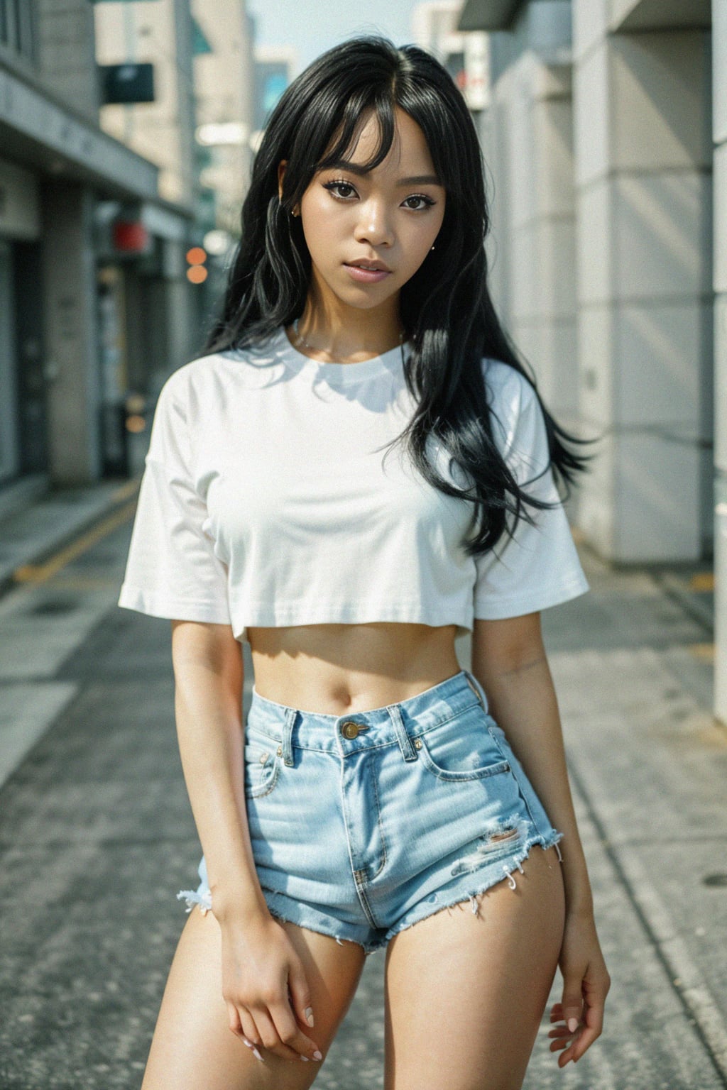 Korean woman (with black hair) (as korean kpop k-pop idol) posing for photo, wearing Korean clothes, Korean fashion, Korean fashion, Korean makeup, (in front of solid background)