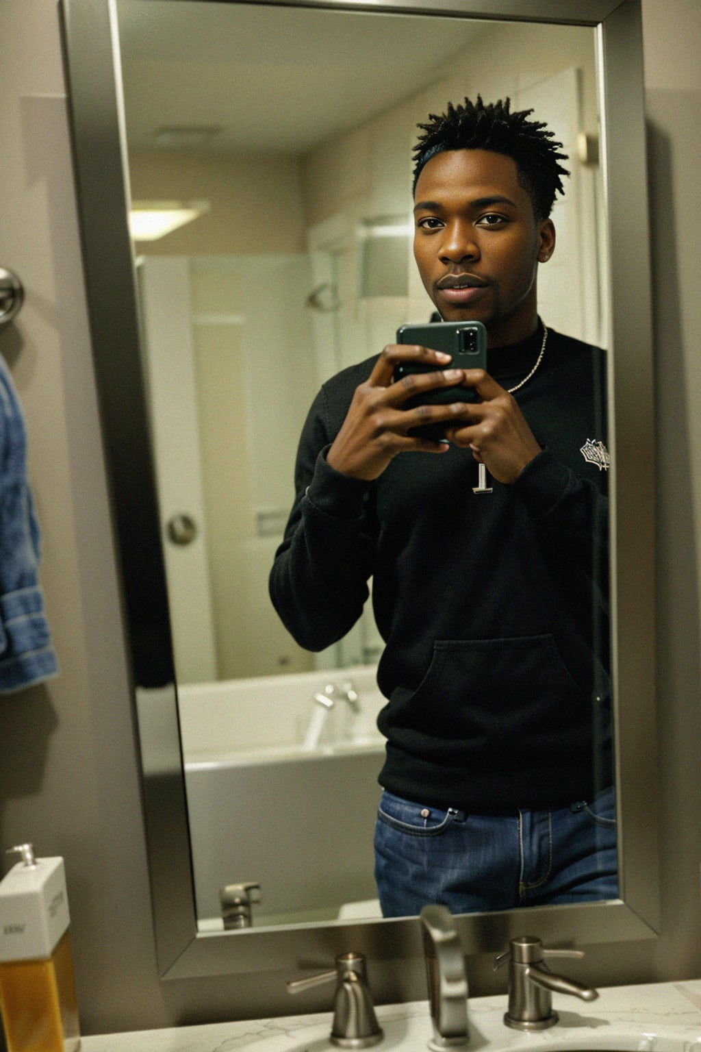 beautiful man taking a selfie in bathroom mirror