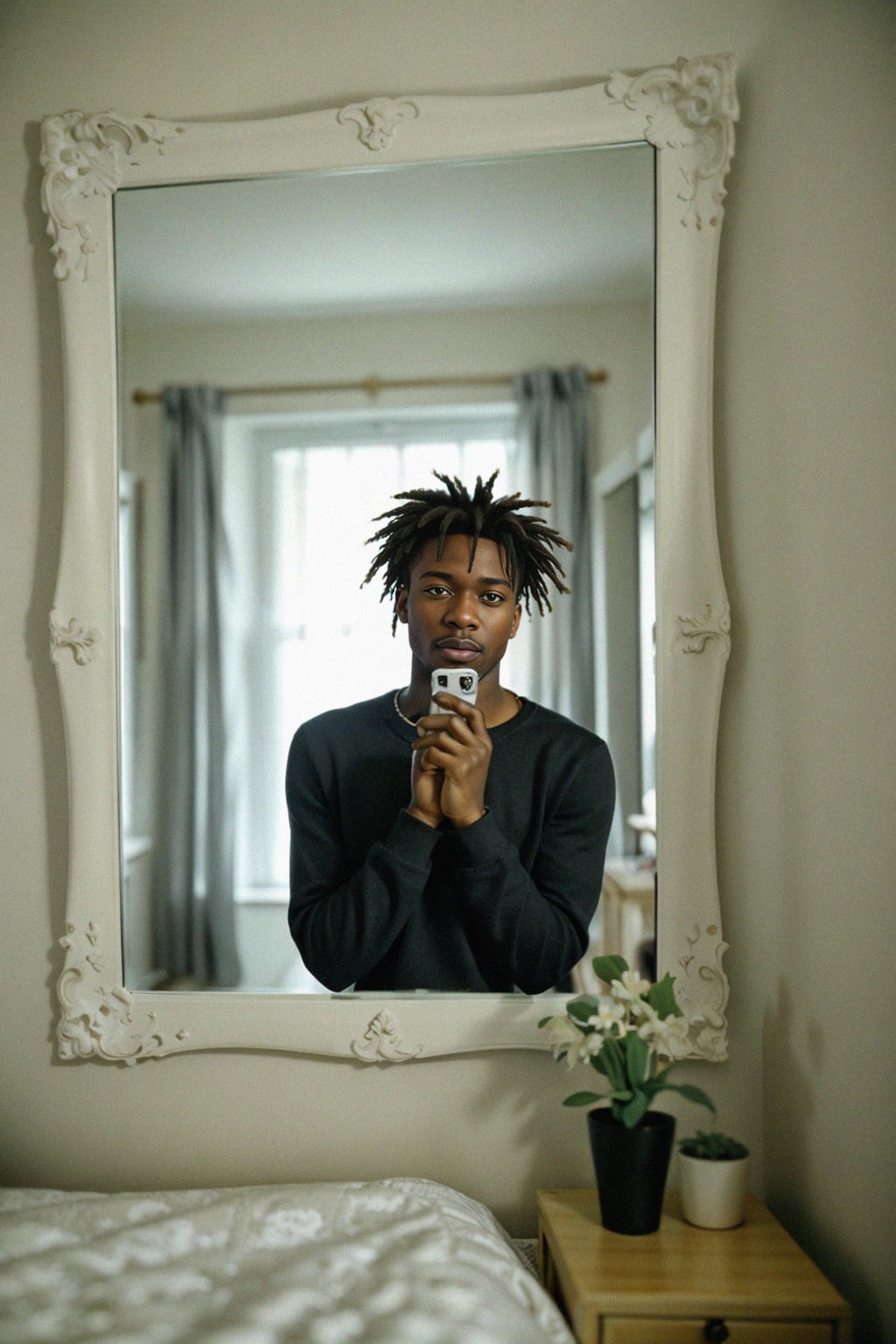 beautiful man taking a selfie in bedroom mirror