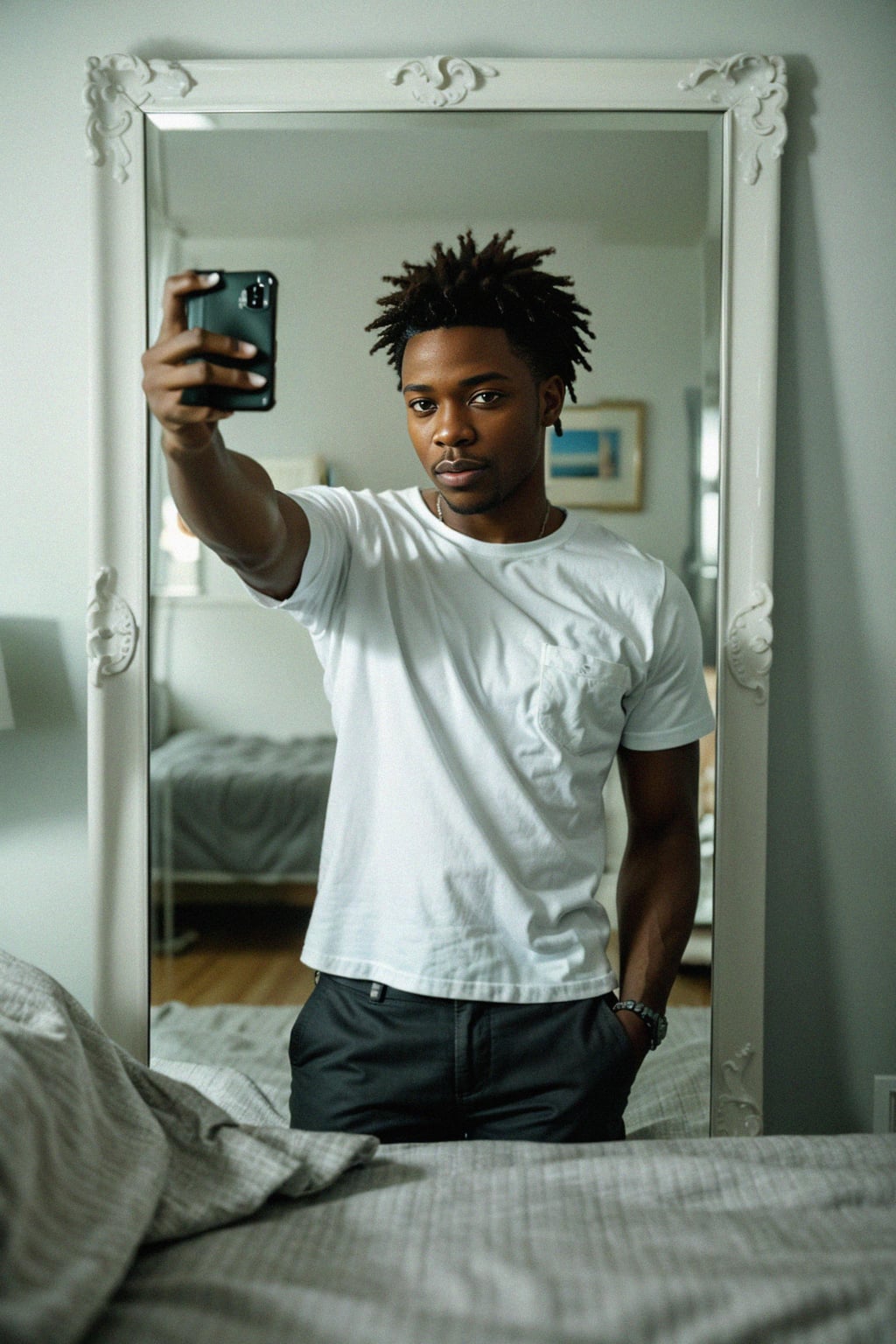 beautiful man taking a selfie in bedroom mirror