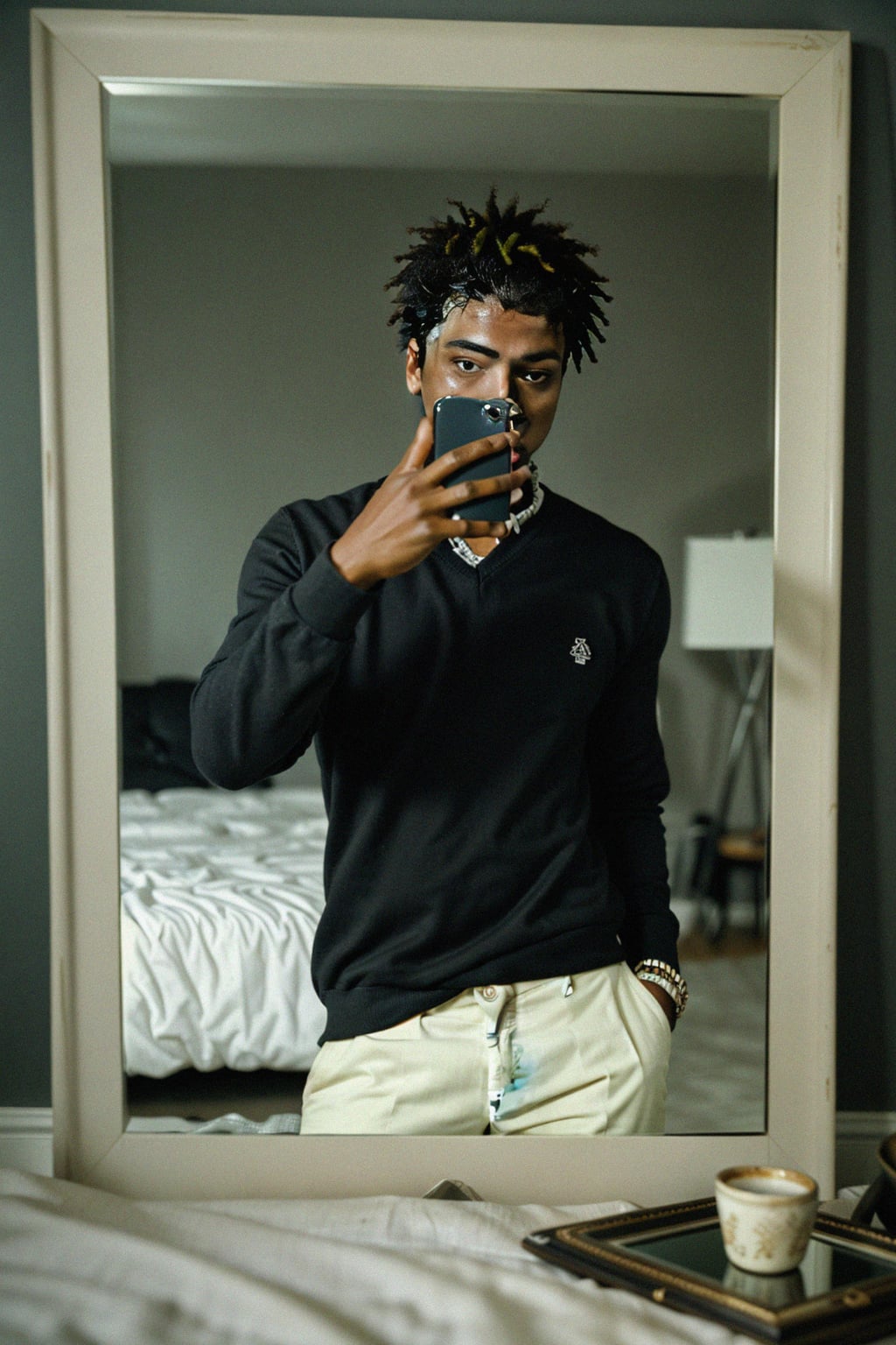 beautiful man taking a selfie in bedroom mirror