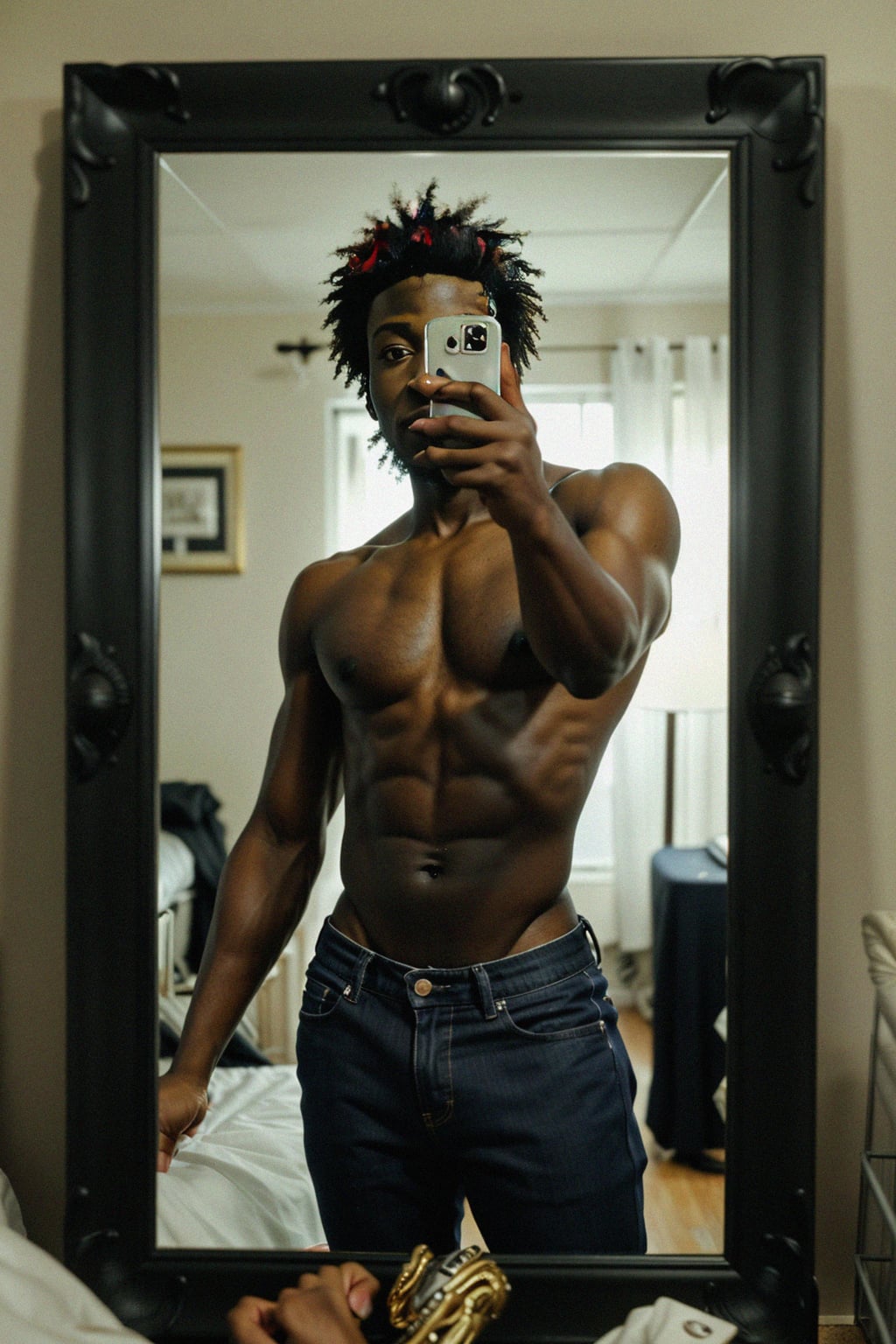 beautiful man taking a selfie in bedroom mirror