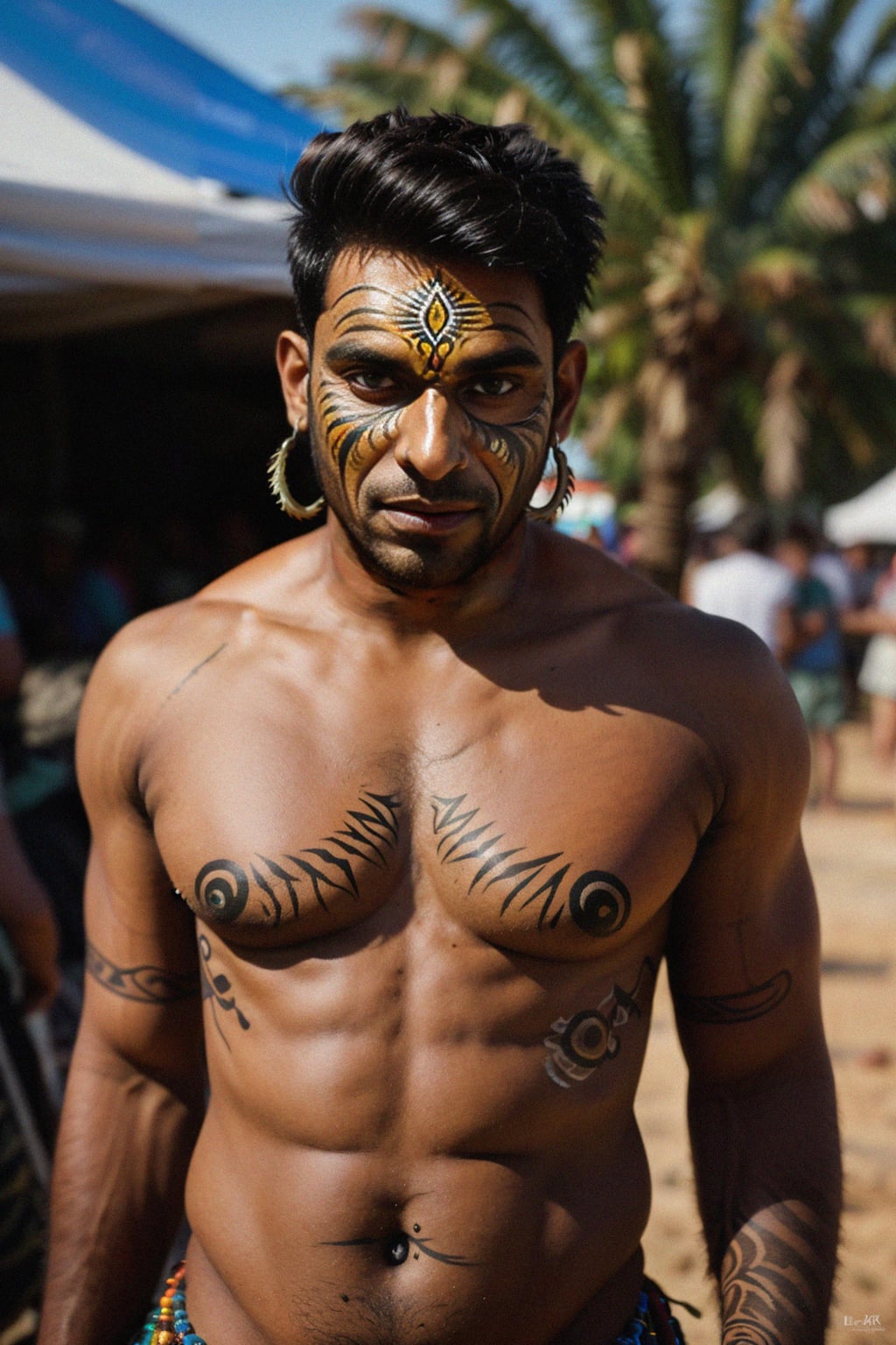 a man with  a tribal face paint design, adding an element of tribal and cultural inspiration to their festival look