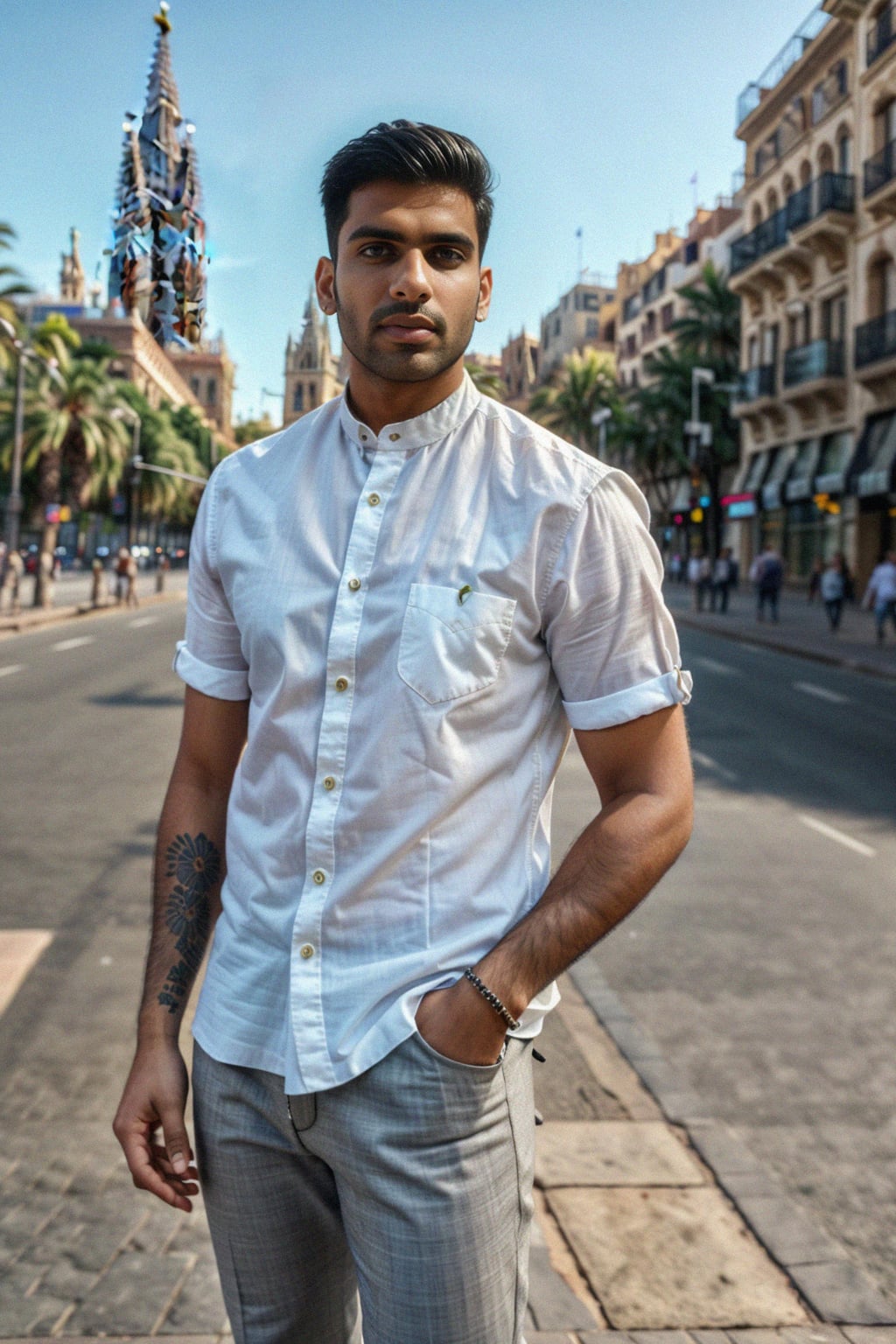 sharp and trendy man in Barcelona wearing a stylish summer outfit, La Sagrada Família in the background