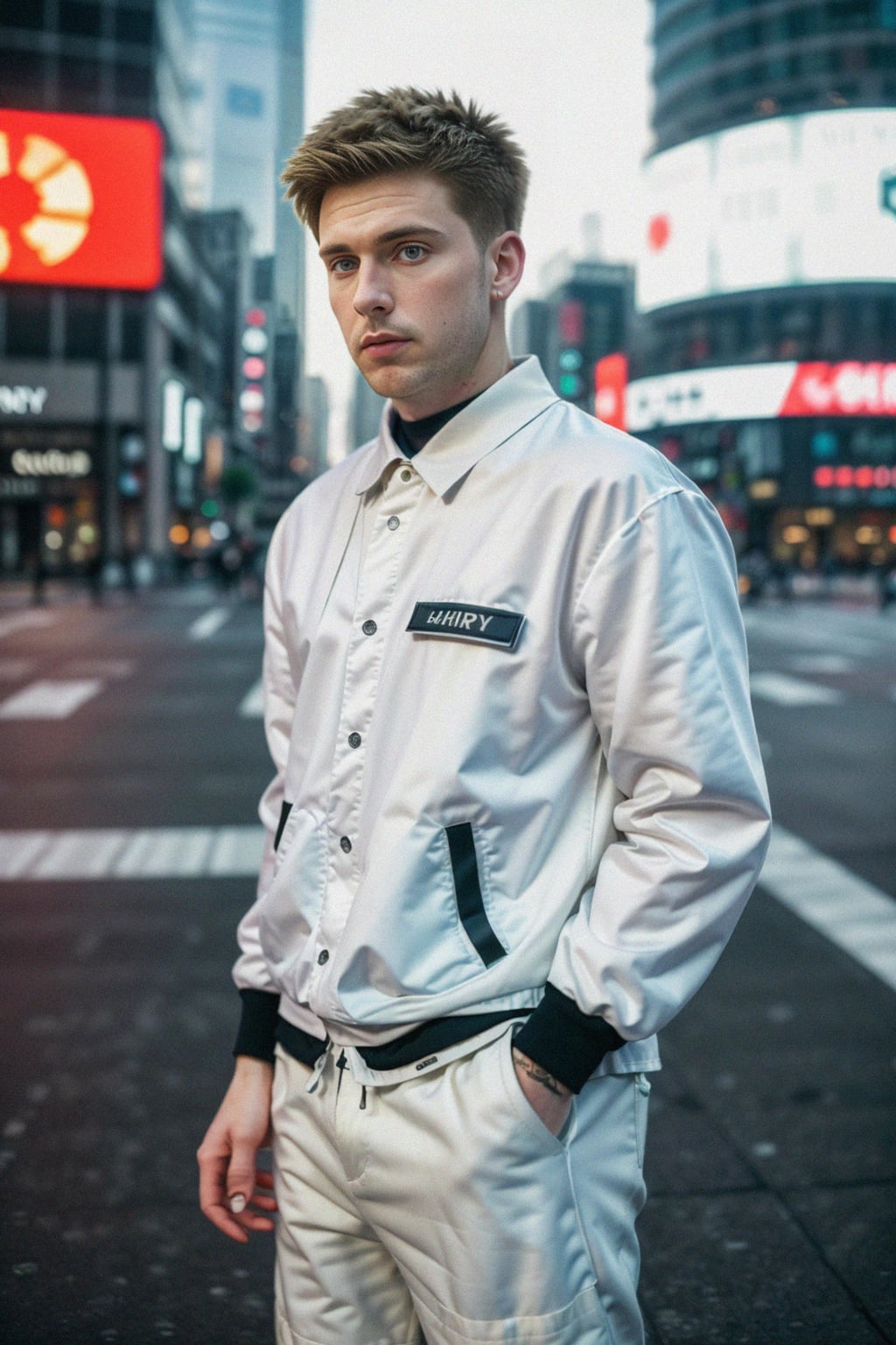 sharp and trendy man in Shanghai wearing a contemporary streetwear outfit, Nanjing Road in the background