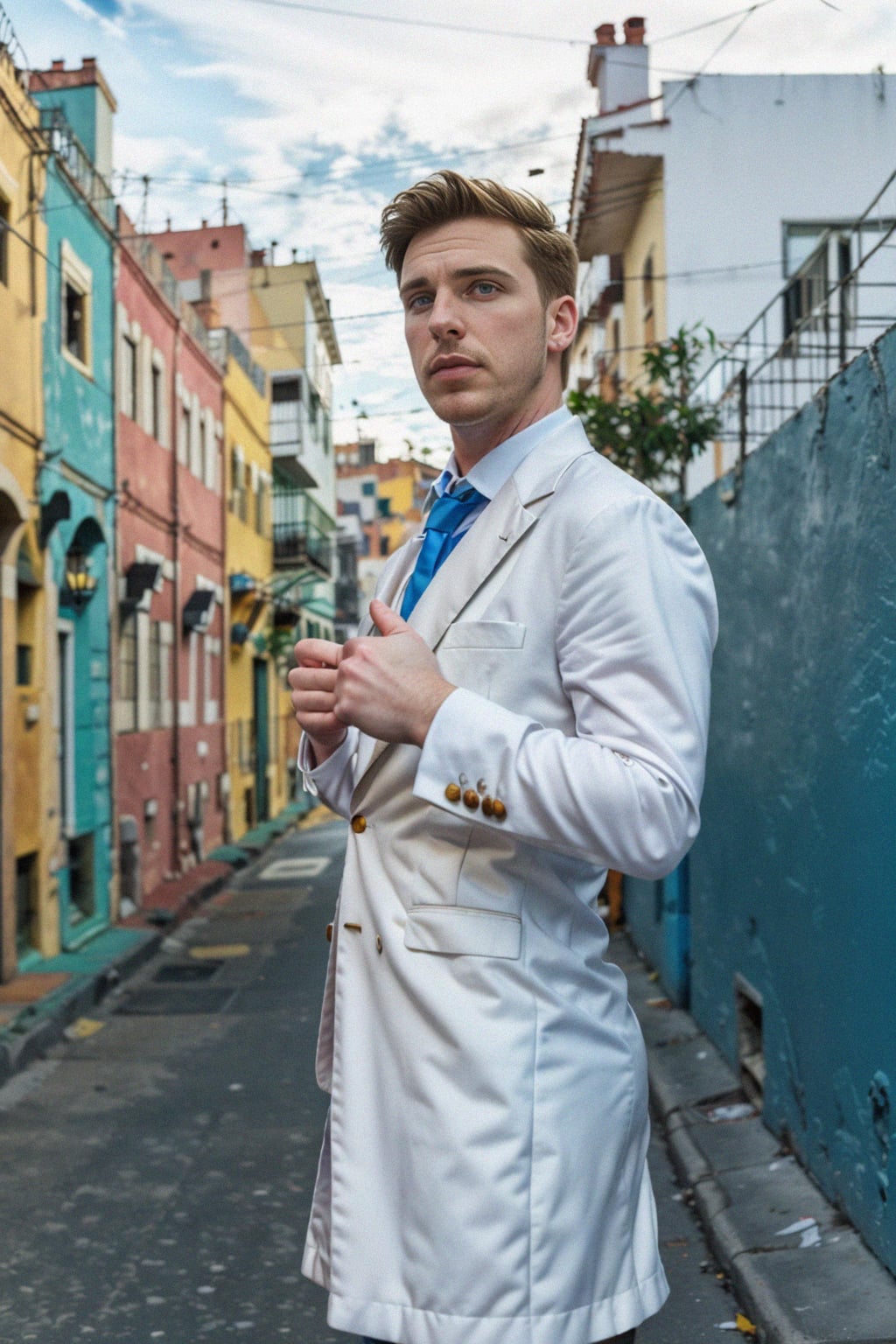 sharp and trendy man in Buenos Aires wearing a tango-inspired dress/suit, colorful houses of La Boca neighborhood in the background