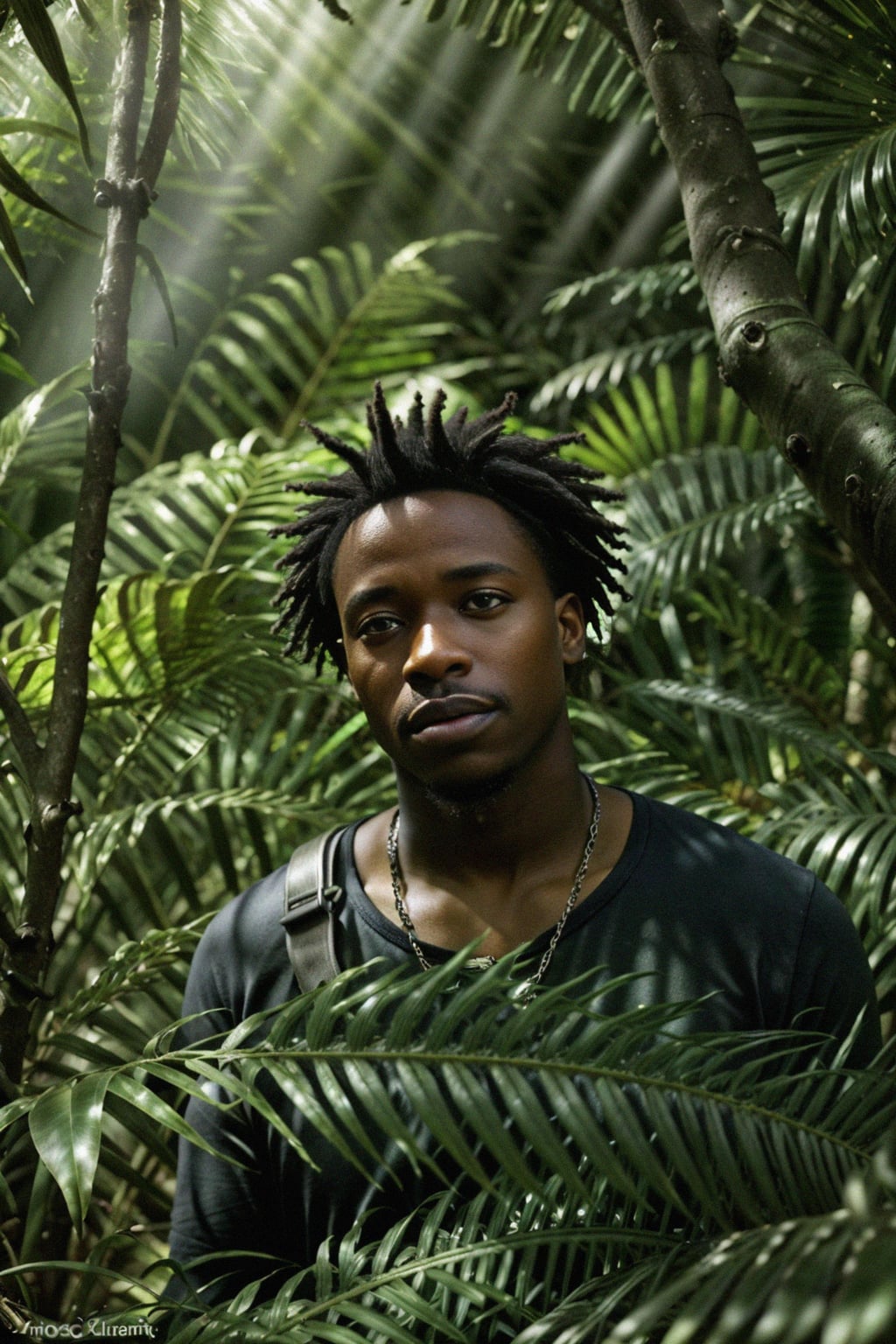 man exploring a dense jungle, with sunlight filtering through the canopy and creating a mystical ambiance