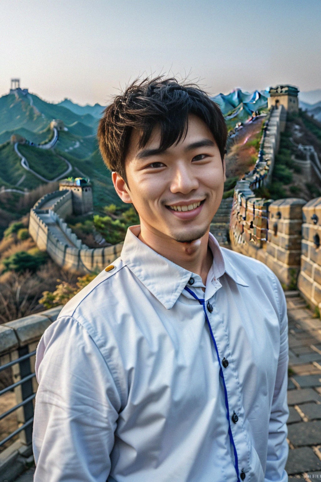 smiling man in Beijing with the Great Wall in the background