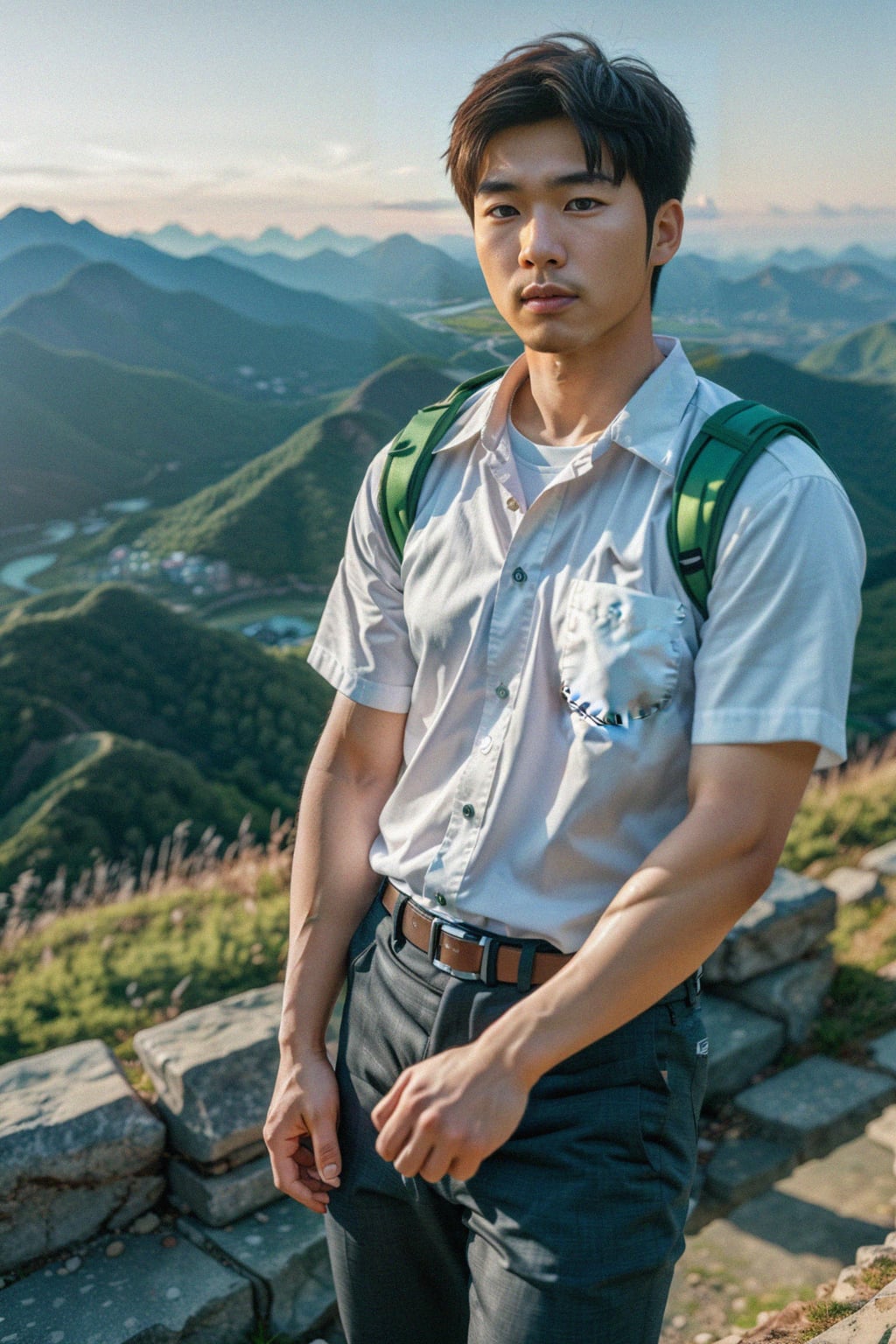 man on a hiking trail, overlooking a breathtaking mountain landscape