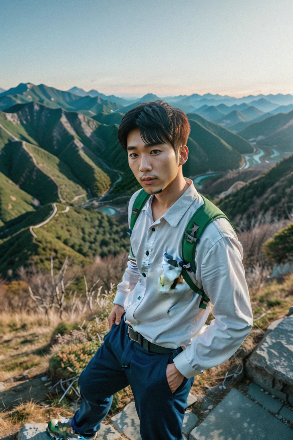 man on a hiking trail, overlooking a breathtaking mountain landscape
