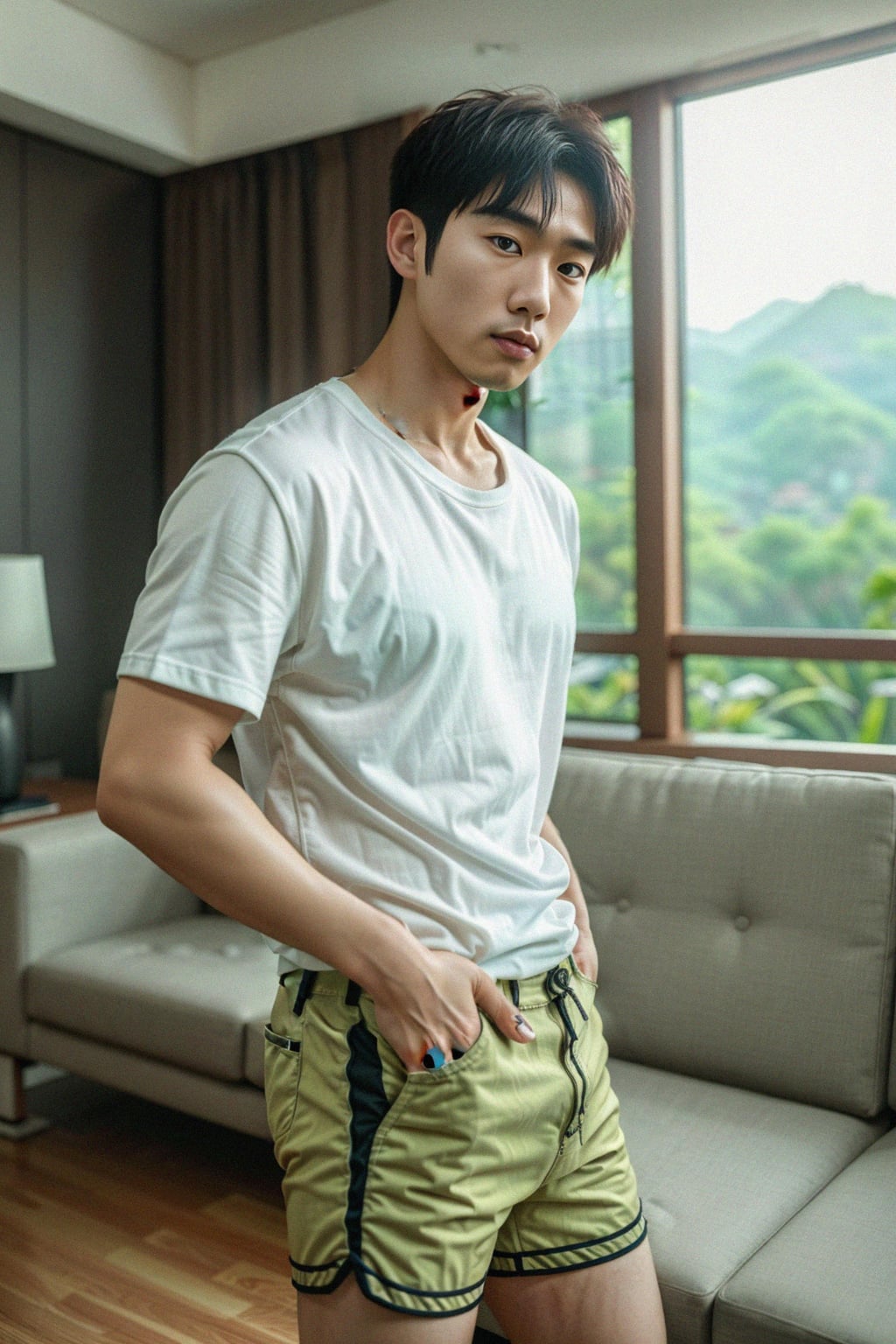 a man wearing  shirt and shorts in luxury villa living room, instagram photo, instagram,  fit body