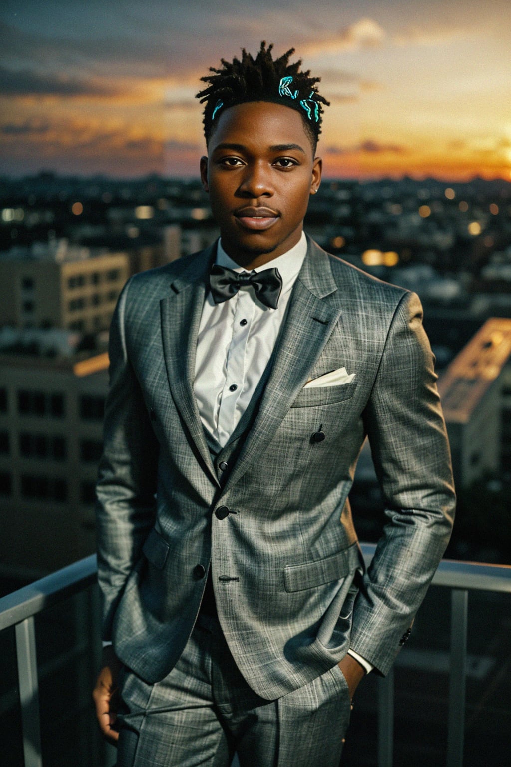 man in  dapper suit, radiating allure under the soft glow of a sunset