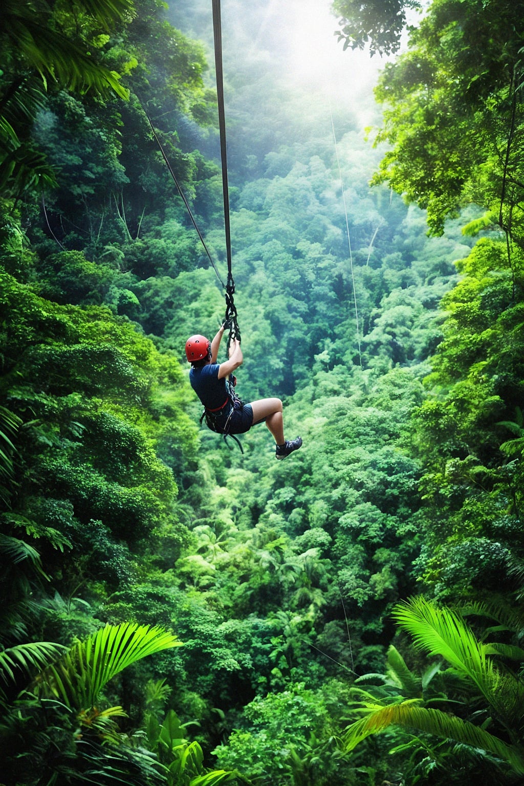 person zip-lining through a tropical rainforest canopy