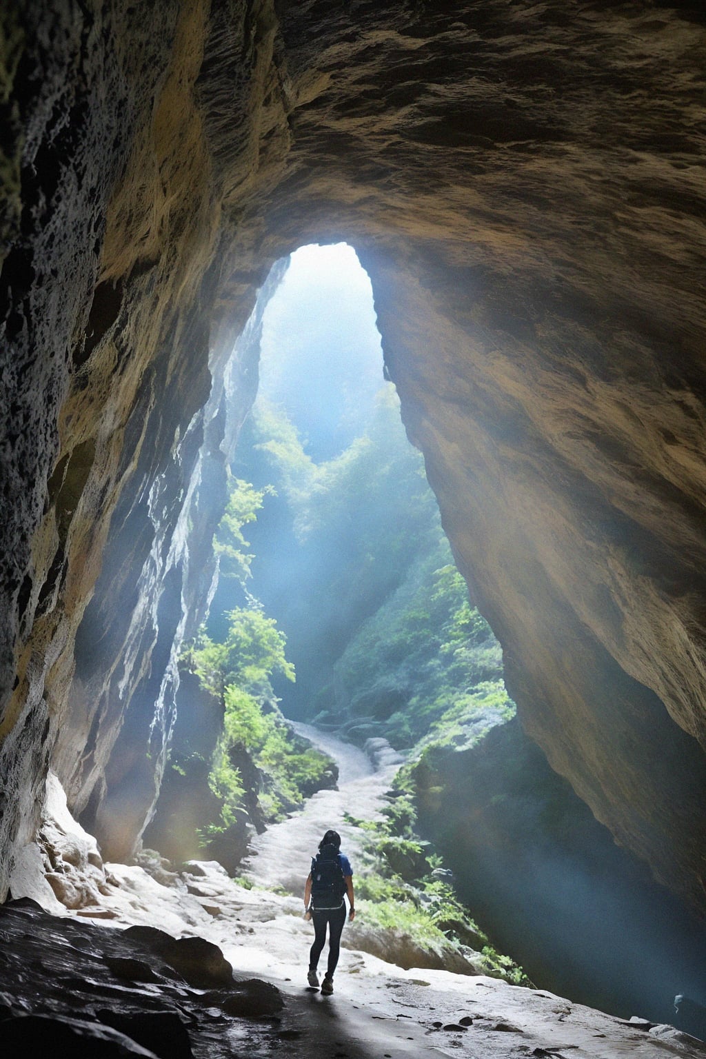 woman as individual hiking through an impressive cave system