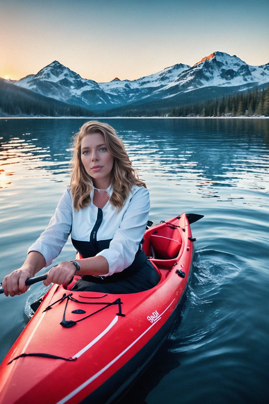 woman as explorer kayaking in a serene lake with a mesmerizing sunset backdrop