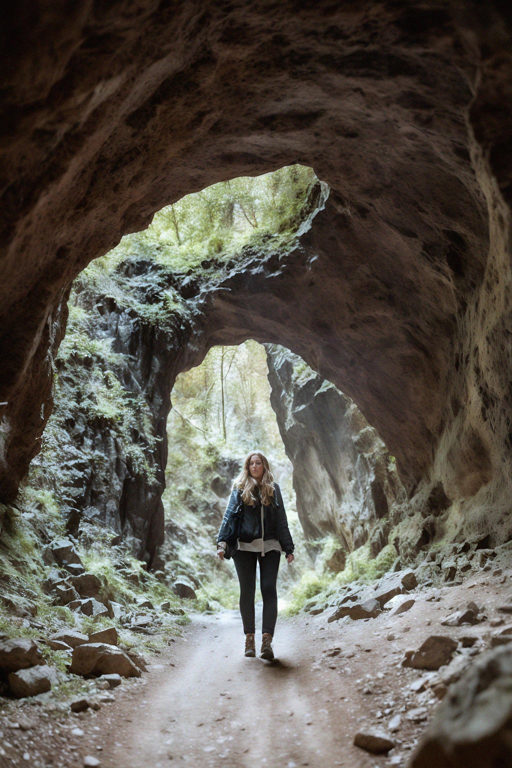woman as individual hiking through an impressive cave system